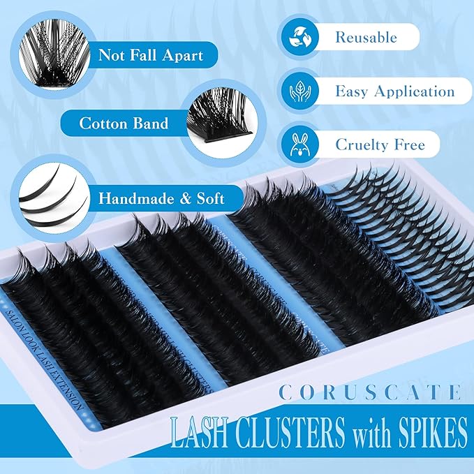 CORUSCATE Lash Clusters with Spikes 100D120D150D Eyelash Clusters Volume Cluster Eyelash Extensions Thick Mega Style Lash Extension DIY Individual Lashes Strip Mink Spiky Cluster Lashes