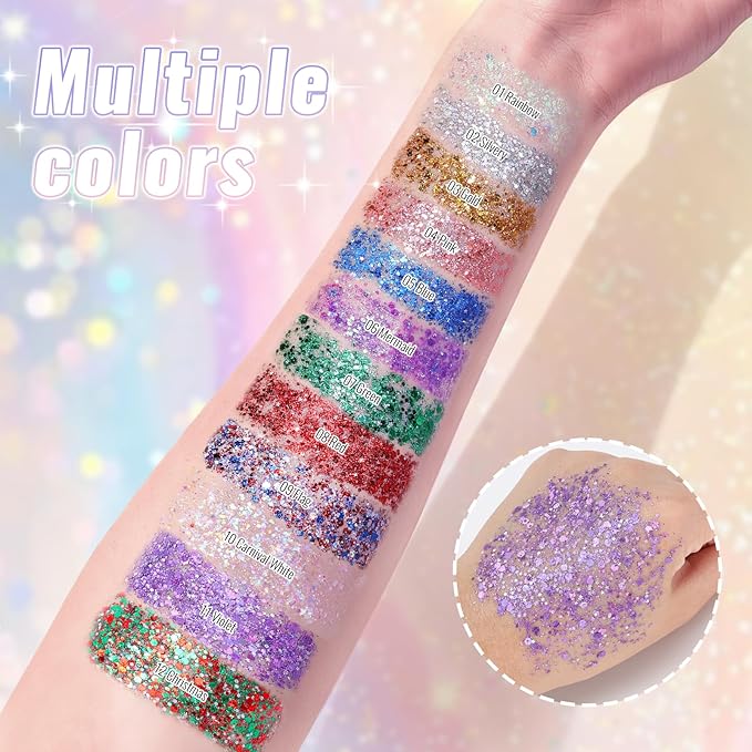 Violet Face Body & Hair Glitter Stick for Singer Concerts Outfit, Purple Shimmer Stick Gel for Women, Sparkling Holographic Chunky Sequins for Halloween Rave Festival Carnival Mermaid, 0.56oz