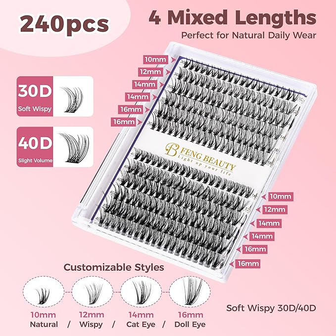 DIY Lash Clusters Kit, 240PCS 30D+40D Mixed Lengths 10–16mm, Natural Wispy Fluffy Look, 2-in-1 Bond&Seal+Precision Tweezer, Lashes Extension Kit (0.07D, 10-16mm, Individual Lashes Kit)