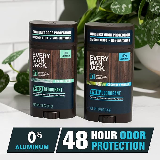 Every Man Jack Men's Pro Deodorant - 48-Hour Odor Defense Blend - Aluminum Free - Contains Postbiotics, Tapioca Starch & Oat Powder - Coastal Surf & Coconut + Vanilla Bundle - 2.6 oz (2 Pack)