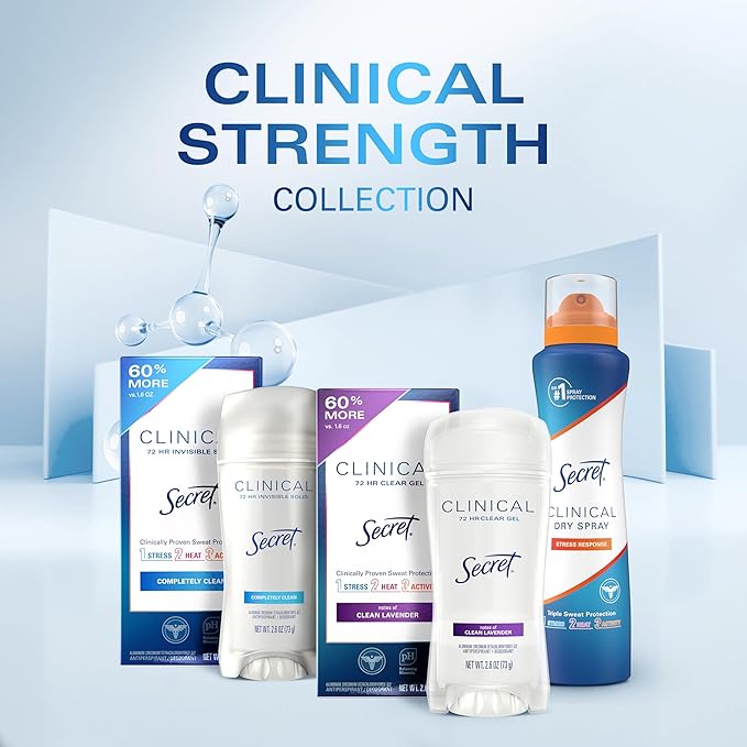Secret Clinical Strength Antiperspirant Deodorant for Women, 3X Stress Protection, 72hr Sweat & Odor Protection, PH Balancing Minerals, Invisible Solid, Cool Waterlily Scent, 2.6 oz