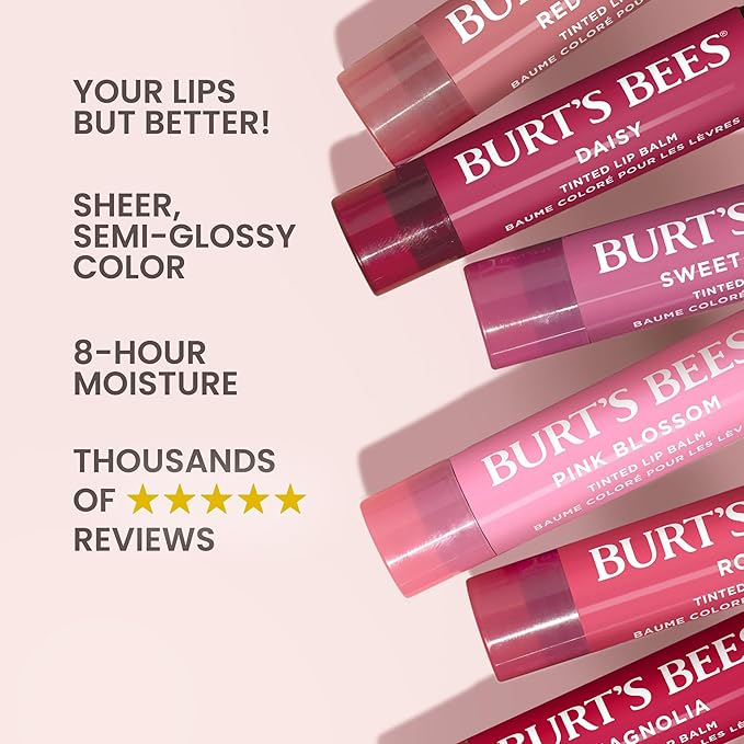Burt's Bees Lip Tint Balm with Long Lasting 2 in 1 Duo Tinted Balm Formula, Color Infused with Deeply Hydrating Shea Butter for a Natural Looking Buildable Finish, Petal Rose (2-Pack)