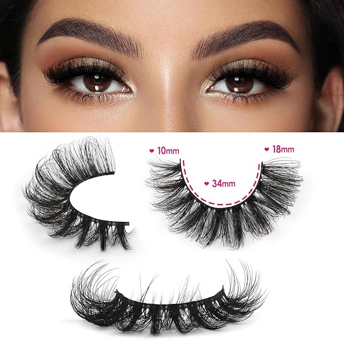 JIMIRE Cat Eye Lashes with Glue Wispy False Eyelashes with Eyelash Glue Kit Russian Strip Lashes D Curl Mink Lashes Fluffy 7 Pairs Pack