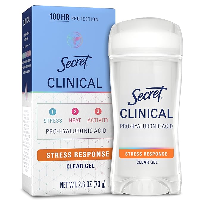 Secret Clinical Strength Antiperspirant Deodorant for Women, Stress Response, 100hr Sweat & Odor Protection, 3X Stress Protection with Pro-Hyaluronic Acid, PH Balancing Minerals, Clear Gel, 2.6 oz