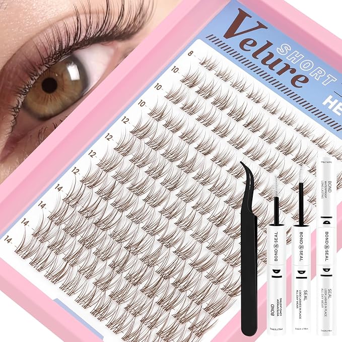 Brown Lash Clusters Kit Velure Lash Extensions Kit Natural Eyelash Clusters Short Lash Cluster 8-14mm Lash Clusters Natural with Invisible Band Individual Lash(Velure-Light Brown)