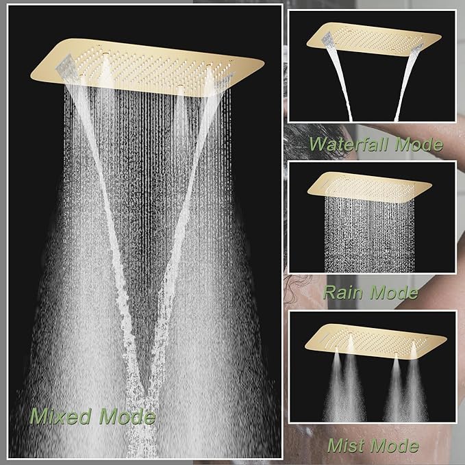 KATAIS Brushed Gold 16X24 inch Ceiling Mounted Shower Head Set(Rain&Waterfall&Mist 3 Modes), Digital Display Shower System with 6 PCS Body Jet and Handheld Spray