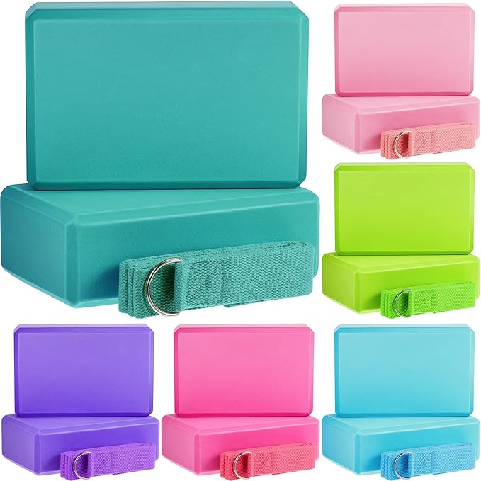 Meooeck 18 Pcs Yoga Block and Strap Set 9 x 6 x 3 Inch EVA Foam Non Slip Brick 8 ft Yoga Straps for Stretching D Ring Design Christmas Fitness Gifts for Women Pilates Workout Exercise
