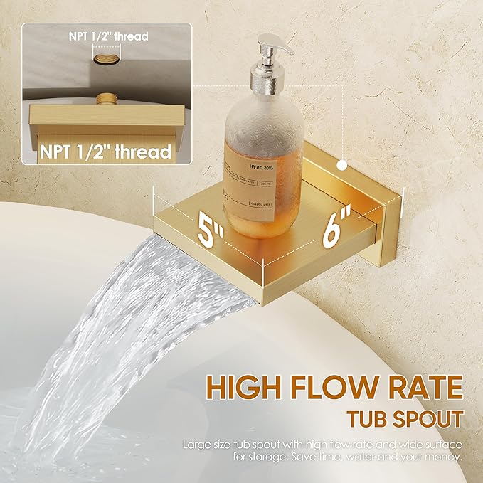 HoliSpa Gold Tub Shower System, All Metal Tub Shower Faucet Set with 12" Rain Shower Head and Handheld Spray combo, Wall Mounted Shower Systems with Tub Spout, Valve and Trim Kit, Brushed Gold