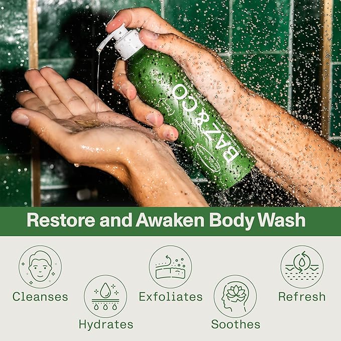 BAZ & CO Mens Moisturizing Body Wash - Restore and Awaken Body Wash for Men 8.45 Fl Oz with Basil, Grapefruit and Spearmint