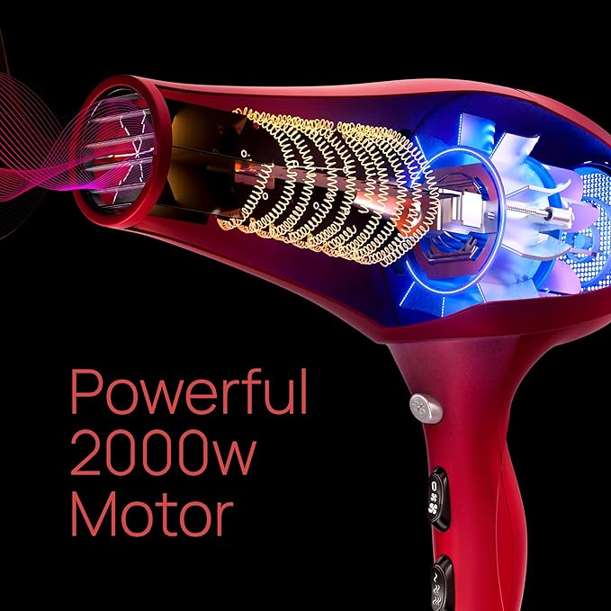 TREZORO Professional Blow Dryer for Women – Ionic Hair Dryer 2000W for Salon & Personal Use – Powerful, Fast & Quiet Drying for Curly Hair, Unwanted Frizz – Design for Travel – 8.2ft Cord – Red