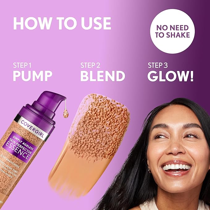 Covergirl Simply Ageless Skin Perfector Essence Foundation, 70 Rich, Tinted Skincare Makeup Hybrid, Sheer Tint, Radiant Finish, Glowy Finish, Vegan Formula, 1.0oz