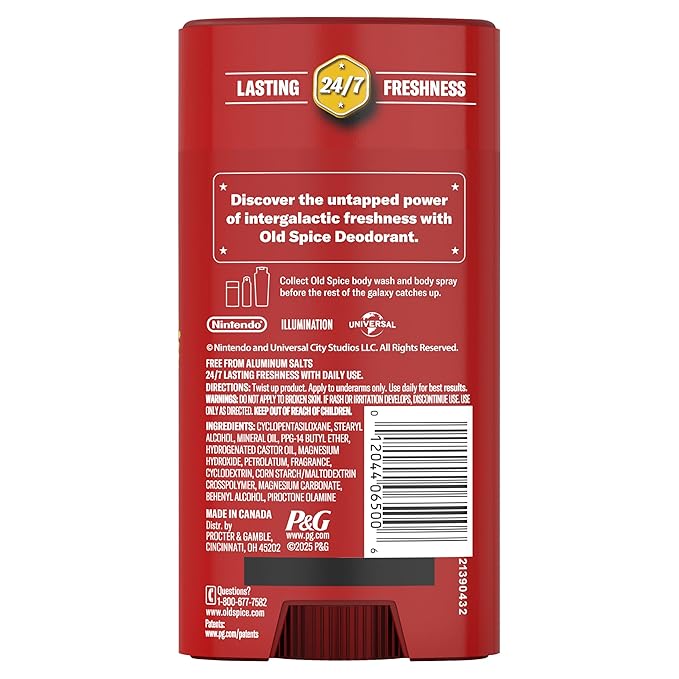 Old Spice Aluminum Free Deodorant for Men, Old Spice x The Super Mario Galaxy Movie, 24/7 Lasting Freshness, Lasting Odor Protection, Smell Super with Space Mischief, Amped Amber Scent, 3.0 oz