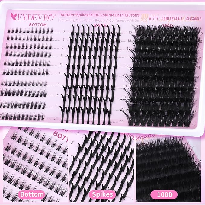 EYDEVRO Volume Eyelash Clusters Kit 100D Lash Clusters with Spikes Lash Extension Kit Bottom Lashes Wispy Cluster Eyelash Extensions 300 Pcs Spiky Lash Clusters Kit Lash Bond and Seal Tweezers Brushes
