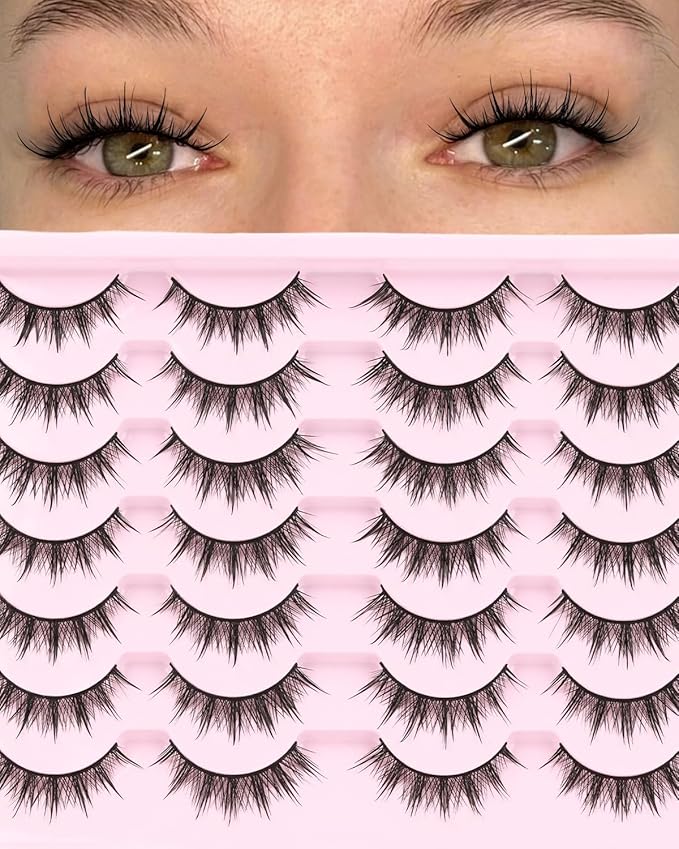 Losha Lashes Spiky Manga Lashes 14 Pairs Wet Look Anime False Eyelashes Wispy Asian Strip Lashes Pack Soft Reusable Fake Eyelashes (Spiky)