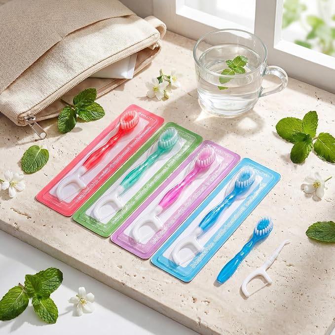 LemonRoad 120 Count Disposable Mini Travel Toothbrushes 5 in 1 Pre-Pasted Mini Brushes Floss Pick Scraper, Mint Peach Sakura Green Tea Flavors Individually Wrapped Portable Set
