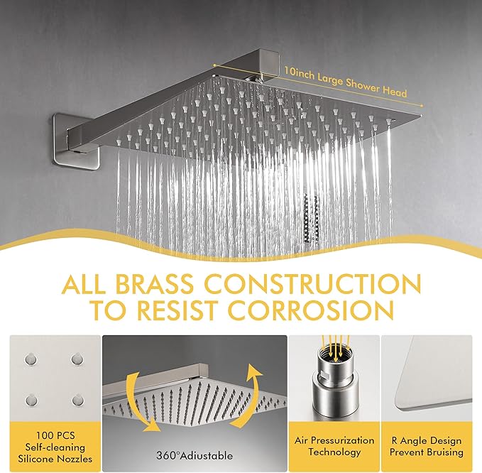 Fransiton Shower Faucet set with Shower head 10 Inches Rainfall Shower Head and Handle Set Single Handle Wall Mounted Shower System Set with Female Threads Valve Body(Brushed Nickel)