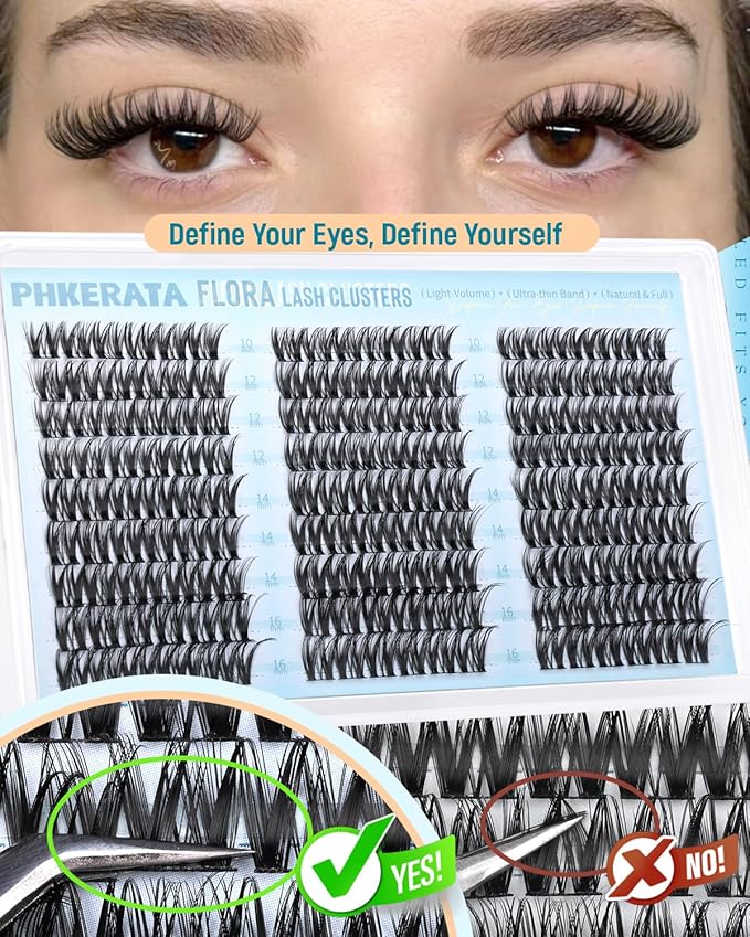 Flora Lash Clusters Wispy Eyelash Clusters 162pcs Natural Cluster Eyelash Extensions Ultra-thin Band Cluster Lashes C Curve Lash Extension DIY Soft Individual Lashes, 10-16mm