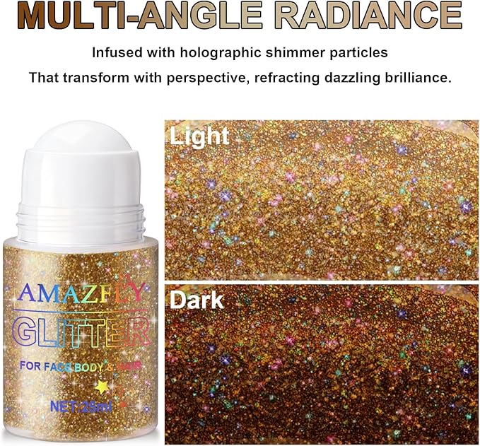 Roll-on Holographic Body Glitter Gel for Body, Hair, Face, Chameleon Color Changing Glitter Gel Under Light, Chunky Mermaid Sequins Festival Party Rave Accessories Shimmer Makeup (Champagne)