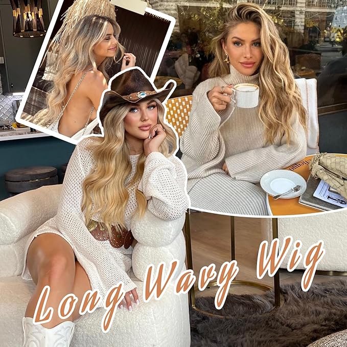 AISI HAIR Blonde Wig for Women, Long Wavy Lace Hairline Blond Synthetic Middle Part Ombre Blonde Wigs for Daily Party-26 Inch