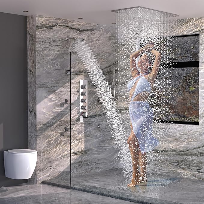 HOMEDEC Dual Shower Heads Shower System with Rain Shower and Handheld, 6pcs Body Jets with 15.7x31.5" Rainfall and 6" Shower Heads, Chrome