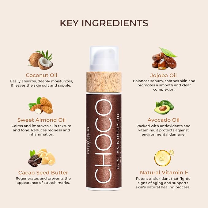 COCOSOLIS CHOCO Suntan & Body Oil - Organic Tanning Oil - Deep Chocolate Tan - Tanning Lotion Accelerator for Indoor and Outdoor Tanning Beds (3.71)