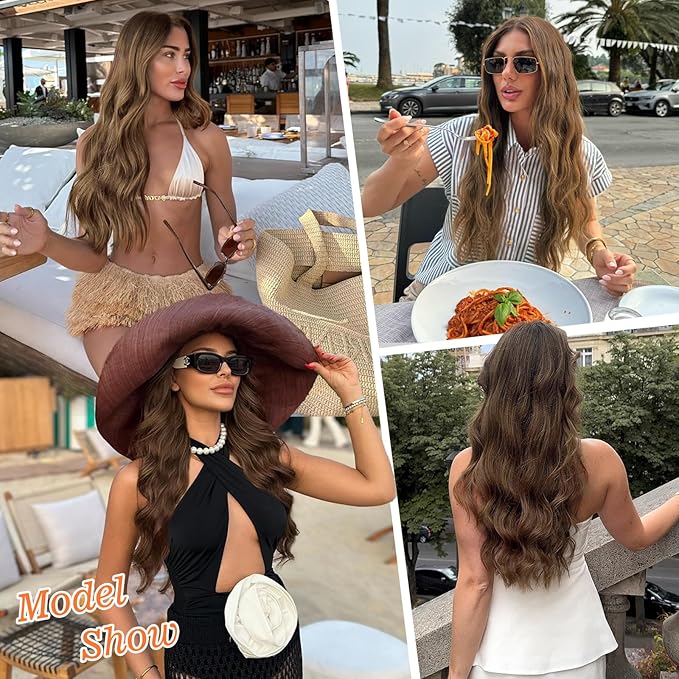 ALXNAN Clip in Long Wavy Synthetic Hair Extension 24 Inch Medium brown 4PCS Thick Hairpieces Fiber Double Weft Hair for Women