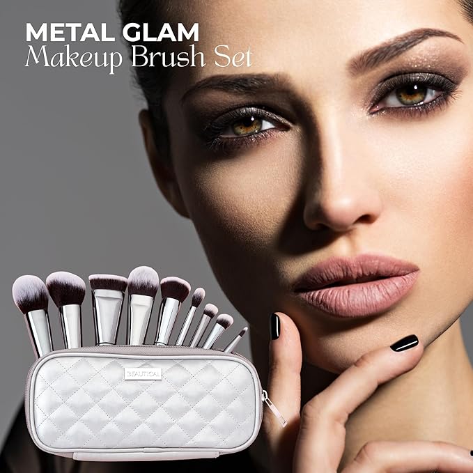BEAUTICAL Professional Makeup Brush Set – 9 Piece Vegan Brushes with Carry Pouch | Soft Dense Bristles for Liquid, Cream & Powder | Lightweight Aluminum Handles Makeup Brushes For Daily Makeup Routine