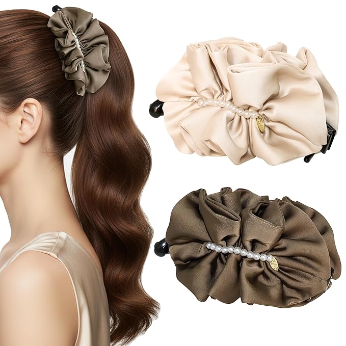 2 Pack Large Satin Banana Hair Clips for Thick/Long Hair, 5.5 Inch Jumbo Ruffled Ponytail Holder with Pearls, Non-Slip Vertical Clamp, Elegant French Vintage Accessories (Brown & Beige)