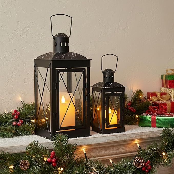 TRIROCKS Set of 2 Decorative Candle Lantern 12'' & 8'' High Metal Candle Holder Hanging Lantern Perfect for Home Decor Patio Living Room Parties Events Tabletop Indoors Outdoors (Black)