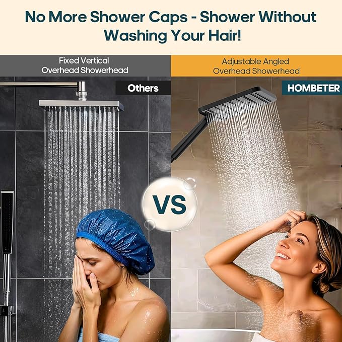 Hombeter Shower Heads with Handheld Combo, 10 Inch High Pressure Rain Shower Head, Height Adjustable Dual 2 in 1 Shower Head System with Stainless Steel Hose, Matte Black
