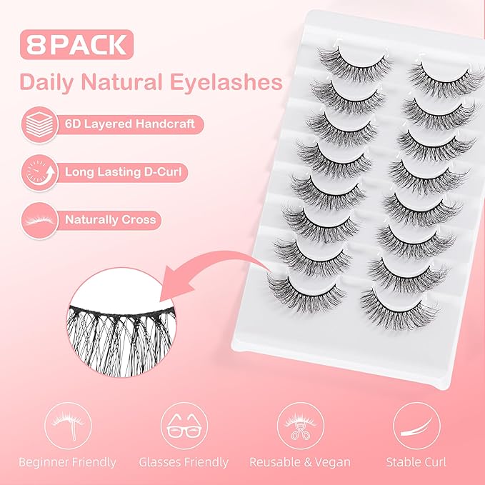 Natural Lashes Spiky False Eyelashes, Wispy Look Invisible Band Flared Eyelashes, False Eye Lashes Soft Fluffy Lashes 8 Pairs Black 9-15MM