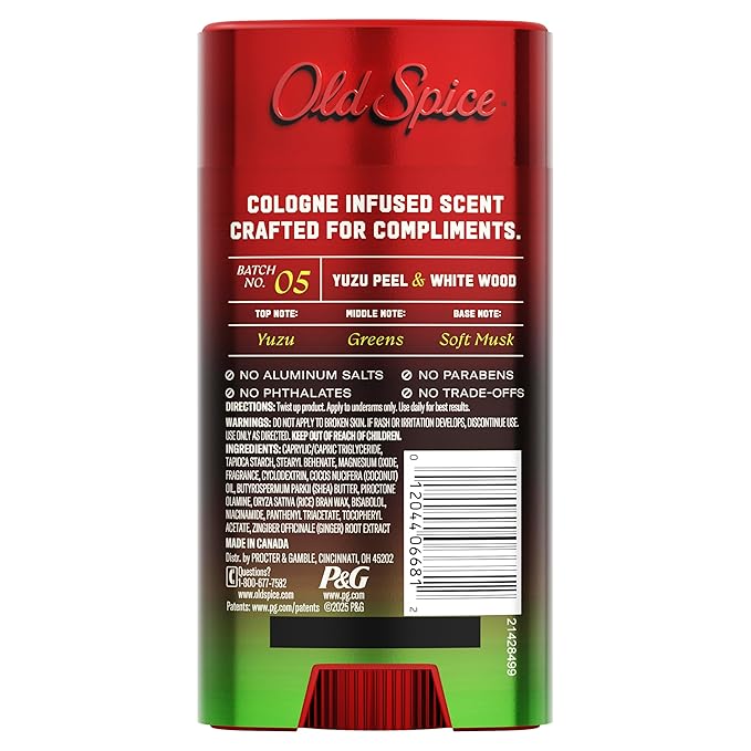 Old Spice Aluminum Free Deodorant for Men, The Spice Alchemist Collection, 24/7 Cologne Infused Scent, No Trade Off Formula, Free of Parabens & Phthalates, Yuzu Peel + White Wood Scent, 3.0 oz