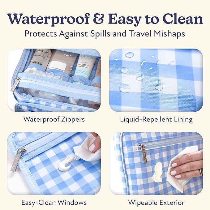 VANDEL Waterproof Hanging Toiletry Bag for Travelling, Hanging Makeup Organizer Bag, Cosmetic Travel Bags for Women, Makeup Case Toiletries Organizer Hygiene Bathroom Shower Caddy - Blue Gingham