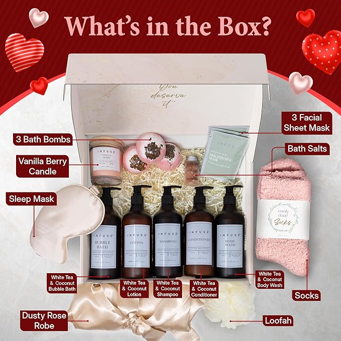 17-Piece Luxury Gift Set with Robe | Complete INFUSÉ White Tea & Coconut Bath Collection | Self-Care Kit with Bath Bombs, Face Masks & Hair Care | Bridesmaid, Mom, Wife, Grandma or Loved Ones