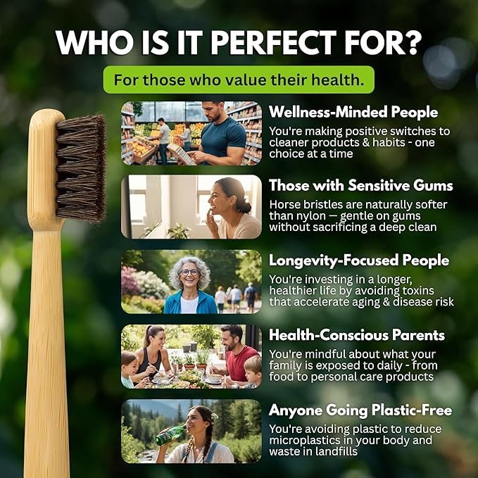 PRIMALS Horse Bristle & Bamboo Toothbrush (4-Pack) - Luxurious & Soft Horse Bristles - Fully Biodegradable - Plastic & Nylon Free - Quick Dry Design