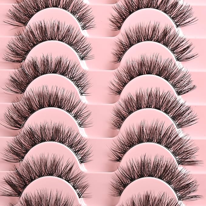 FARRED Natural False Eyelashes Cat Eye Lashes Strips Invisible Band Fake Mink Strip Lash Wispy Thin Clear Band Cateye Eye Lash Pack Full Volume Medium Length 8-14 mm Short Wispies Pestañas Postizas