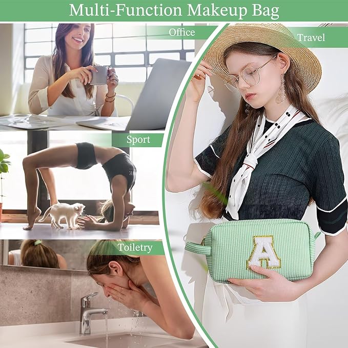 YOOLIFE Gifts for Women Teen Girls Kids - Initial Makeup Bag Cosmetic Case Toiletry Pouch, Birthday Gifts for Women Friends Sister Teacher, Light Green F