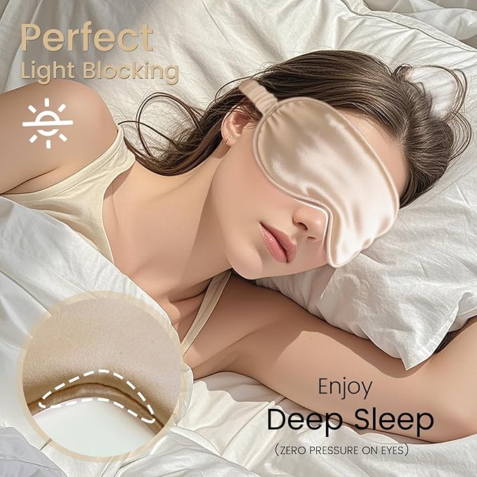 CroYumert 100% Pure Mulberry Silk Eye Mask - 22 Momme Adjustable Strap, Light Blocking, Silk Storage Bag & Gift Box - for Sleep/Travel/Gift, Sensitive Skin Friendly (Champagne)