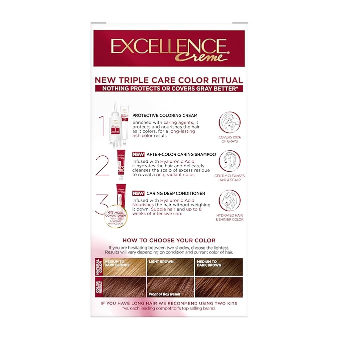 L'Oreal Paris Excellence Crème Permanent Hair Dye, Triple Care Hair Color with Hyaluronic Acid for 100% Gray Coverage, 6RB Light Reddish Brown, 1 Kit (Packaging May Vary)