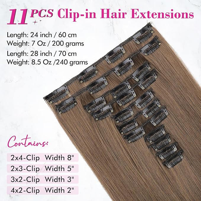 REECHO Hair Extensions, 11PCS Clip in Hair Extensions 24" Long Straight hair extensions HE005 Natural Soft Synthetic Hairpieces for Women Light Brown