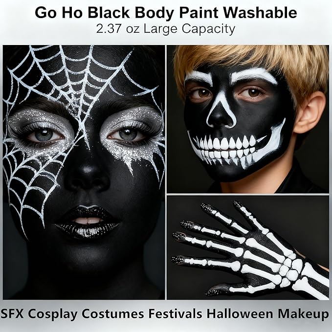 Go Ho Black and White Face Body Paint(4.74 oz),Water Based Cream White Black Face Painting Kit for SFX Cosplay Costumes Festivals Halloween Skull Zombie Skeleton Goth Vampire Makeup