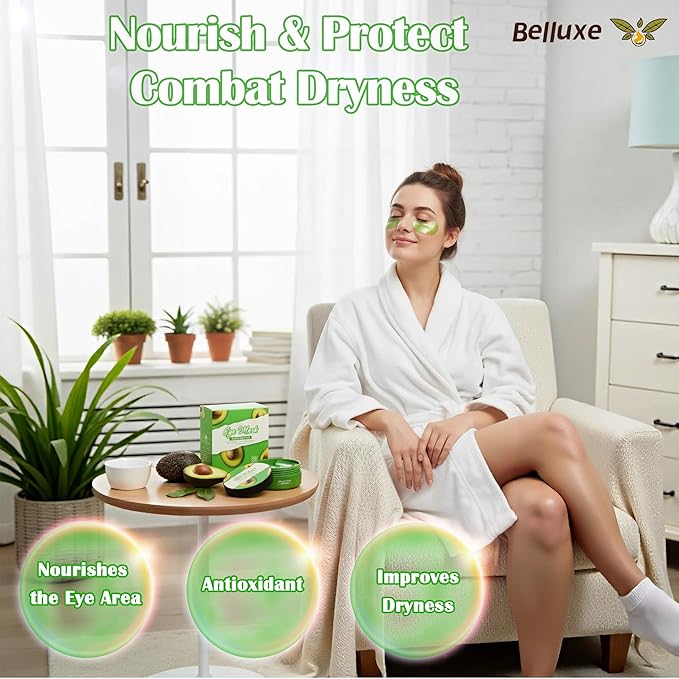 Belluxe Avocado Eye Mask – Nourishing & Moisturizing Eye Gel Patches for Dry Skin & Wrinkles, Hydrating Under Eye Mask for Collagen Boost