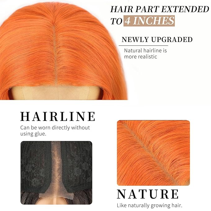 AISI HAIR Orange Wig for Women, Long Wavy Lace Hairline Middle Part Synthetic Heat Resistant Wig for Daily Party-26 Inch