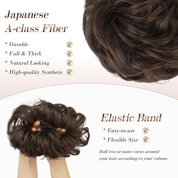 FESHFEN Messy Bun Hair Piece - Wavy Synthetic Chignon Scrunchies for Instant Volume, Elastic Bun Ponytail Hair Extensions Thick Hairpieces for Women, Medium Chestnut Brown 1.50 oz