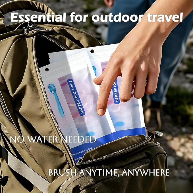 Disposable Travel Toothbrushes with Toothpaste, Individually Wrapped Mini Single Use Toothbrushes, No Water Needed Toothbrushes with Tongue Scraper for Travel, Hotel, Camping (4Packs)
