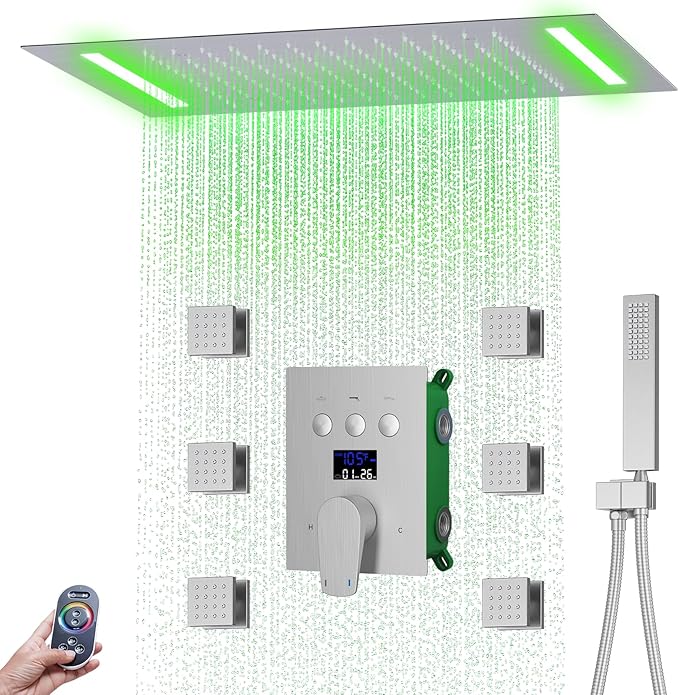 WHSHOWER Digital Display Shower Faucet Set With 14x20 Inch LED Rainfall Shower Head,Brass Handheld Sprayer And 6pcs Body Jets,Full Body Shower System (Brushed Nickel)