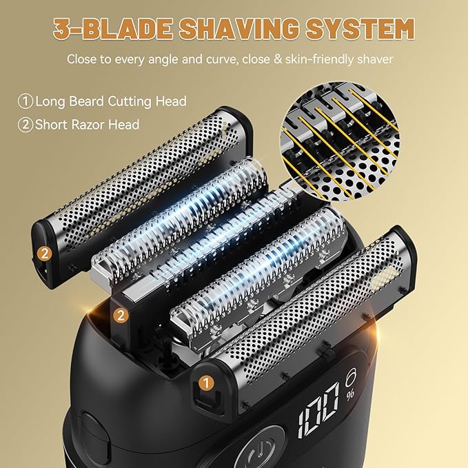 Electric Foil Shavers for Men, Upgraded Mini Electric Razor with 3 Floating Blades, LED Display, USB-C Fast Rechargeable, Portable Electric Shavers for Beard/Face
