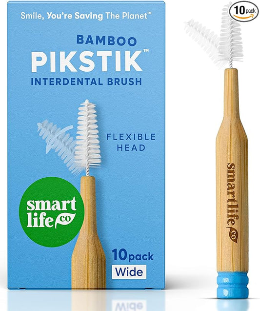 SmartLifeco Bamboo Interdental Brushes (10 Count) - Eco-Friendly Proxabrush, Reusable Dental Picks, Flexible Soft Bristles, Superior Gum & Teeth Cleaning, Toothpicks for Braces, PikStik - Wide Gaps