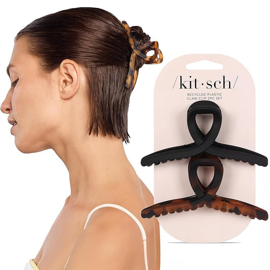 Kitsch Large Hair Clips for Women - Fashionable Loop Hair Claw Clips | Matte Plastic, Easy-Grip | Perfect for Everyday Use & Special Occasions | Ideal Gifts for Women - Tortoise & Black, 2 Pcs