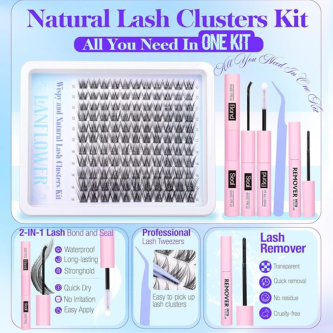 Natural Lash Clusters Kit Wispy Lash Extension Kit 10-16mm Eyelash Clusters C Curved Cluster Eyelash Extensions Long-lasting Eyelash Extension Kit with Lash Bond and Seal, Lash Remover by Lanflower